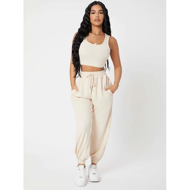 Custom Camisole Lounge Wear Solid Crop Tank Top And Sweatpants Joggers Set Women Loungewear Set