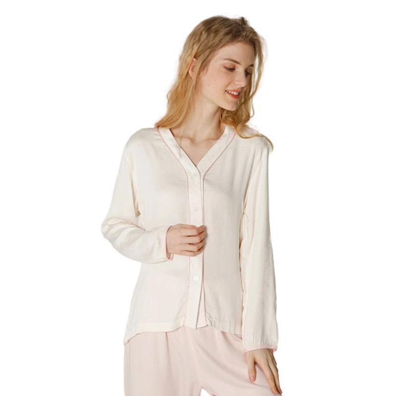 Piping Contrast Full Length Cozy Lounge Wear Solid Cotton Pajama Sets Viscose from Bamboo Pyjamas