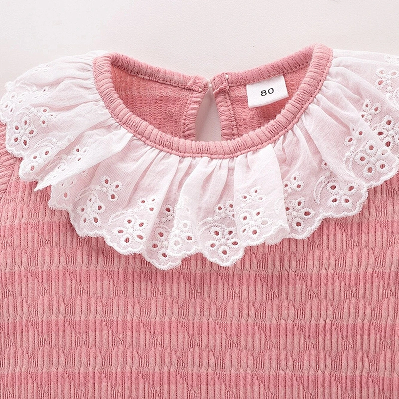 OEM ODM New Born Baby Knit Ruffle Trim Keyhole Back Jumpsuit With Hat Baby Eyelet Embroidery Romper Set