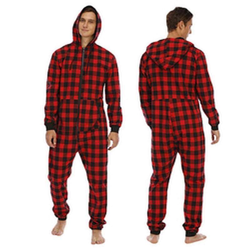 Male Adult Men Gingham Kangaroo Pocket Hooded Cotton Sleep Zipper Jumpsuit One Piece Pajamas