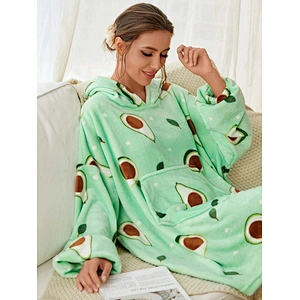 Winter Loungewear Fruit Print Pocket Front Drop Shoulder Hooded Flannel Sleep Dress