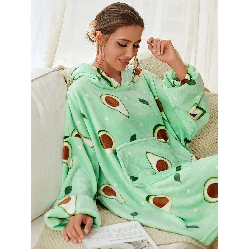Winter Loungewear Fruit Print Pocket Front Drop Shoulder Hooded Flannel Sleep Dress