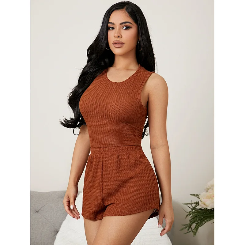 Waffle Knit Tank Top & Shorts Lounge Wear Sets Women Summer Wholesale Loungewear