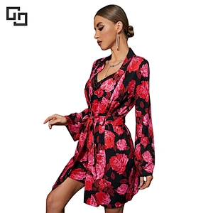 Floral Print Lace Trim Cami Nightdress & Belted bridal Robe PJ Set