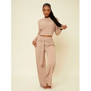 Ribbed Knit Loungewear Women Sets Drop Shoulder Top & Knotted Front Pants Lounge Wear