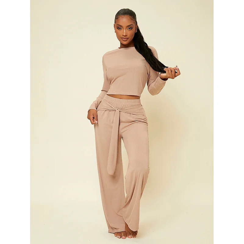 Ribbed Knit Loungewear Women Sets Drop Shoulder Top & Knotted Front Pants Lounge Wear