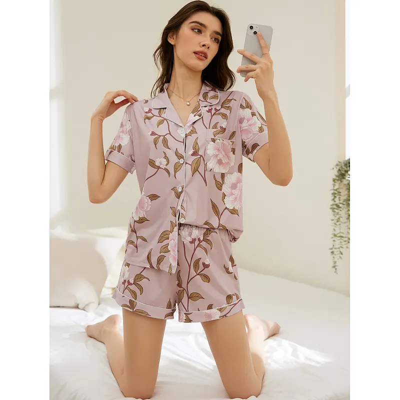 Short Sleeve Piping Women Pijamas Summer Modal Pjs Women 2 Pieces Viscose from Bamboo Pajamas