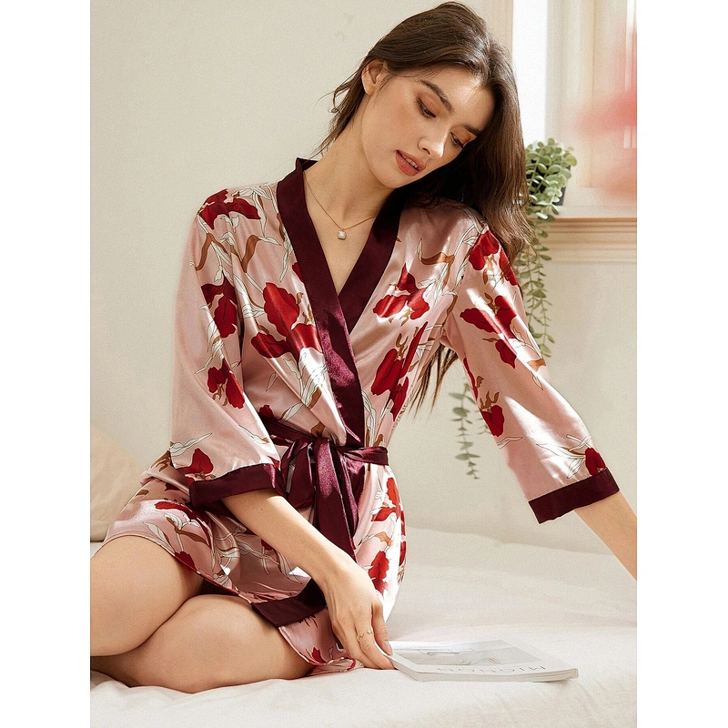 2022 Femme En Floral Print Contrast Trim Belted Satin Sleep Robe