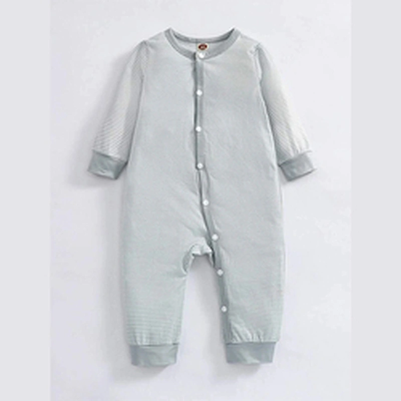 Spring Fall Baby Long Sleeve Rompers Round Neck Cartoon Graphic Striped Button Front Jumpsuit