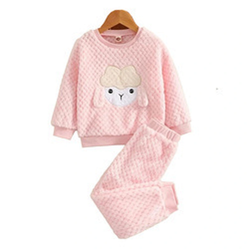Winter Girls Baby Pink Pajamas Cartoon Sheep Embroidered 3D Ear Design Flannel PJ Set for Kids