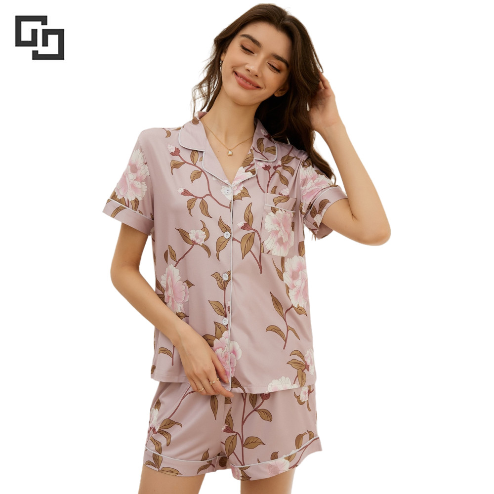 Short Sleeve Piping Women Pijamas Summer Modal Pjs Women 2 Pieces Viscose from Bamboo Pajamas