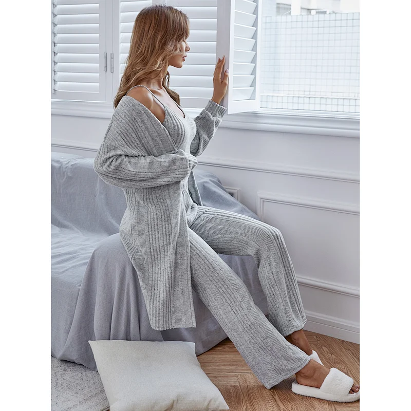 2022 New Femme Pyjama Loungewear Sets Ribbed Cami Pants Pajamas 3 Pieces Custom Women Lounge Wear