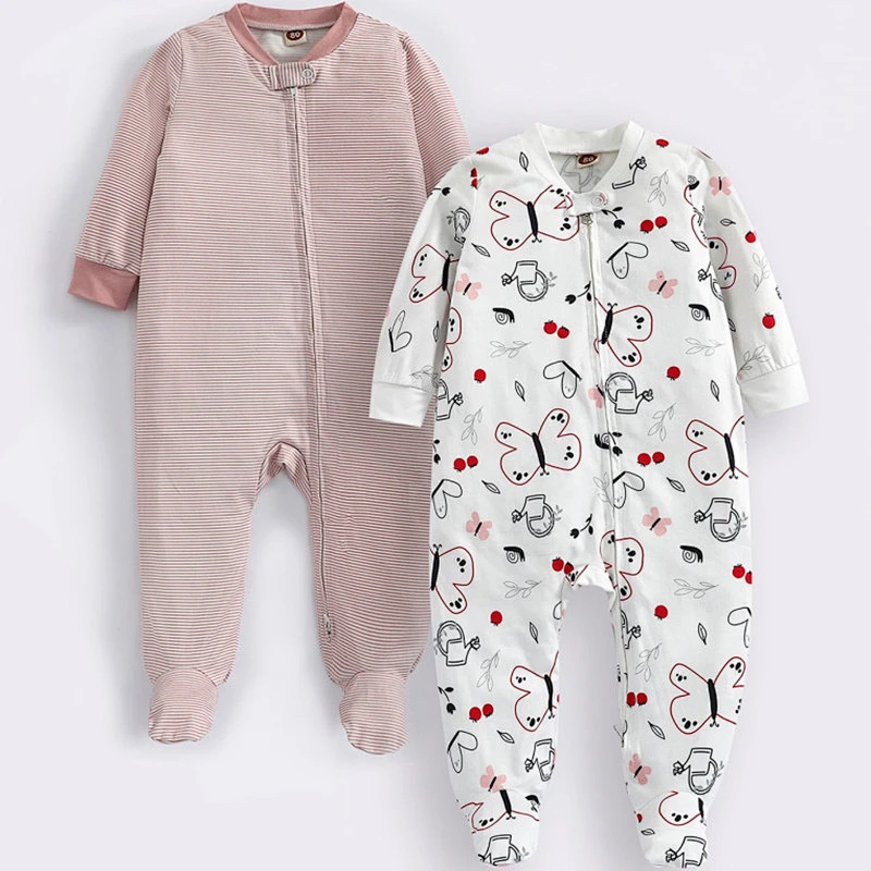 New Born Baby Girl Footie Zipper Striped Knit Jumpsuits Sleepwear Winter Baby Onesie Rompers