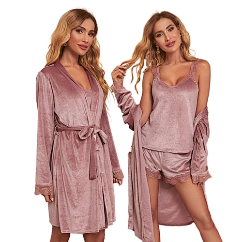 Luxury Lace Cami Shorts 3 Pieces Loungewear Sets Cozy Wholesale Winter Long Bath Robe Velvet Women Robe Set