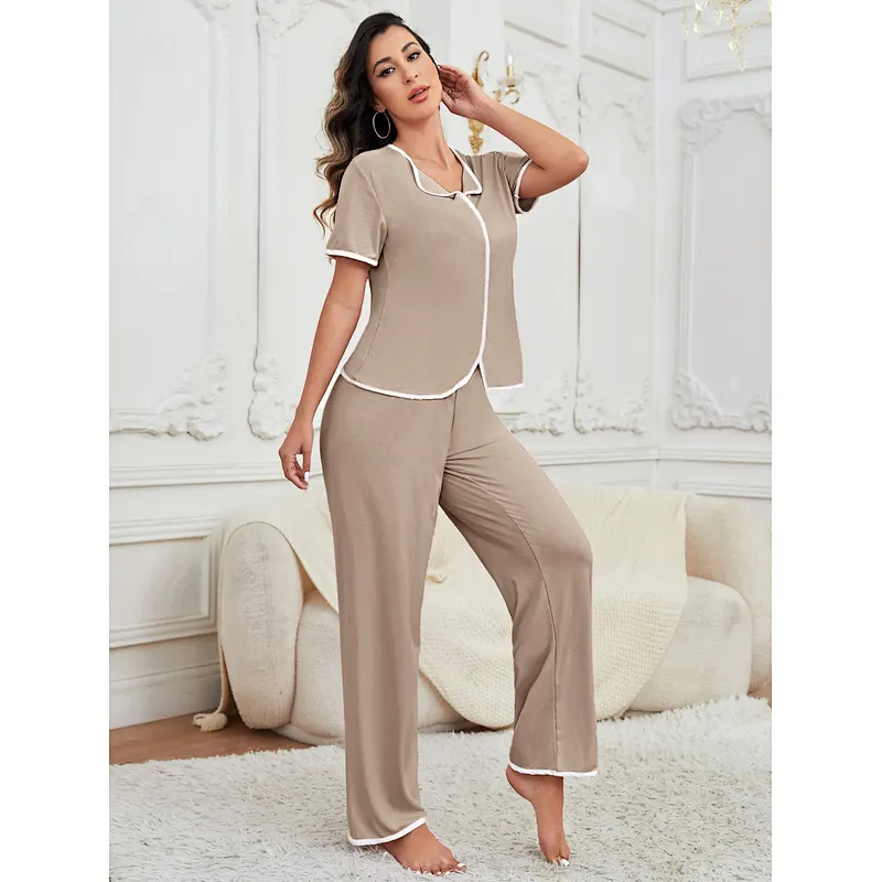 Luxury Ladies Pyjamas Ribbed Knit Women Sleepwear Custom Design Loungewear Set Cotton Pajamas Sets For Women