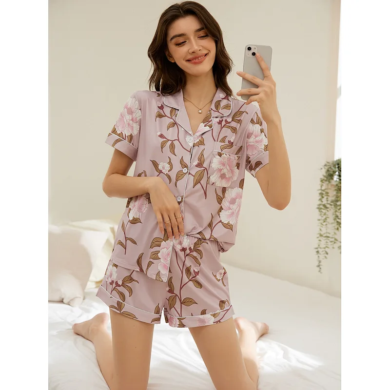 Short Sleeve Piping Women Pijamas Summer Modal Pjs Women 2 Pieces Viscose from Bamboo Pajamas