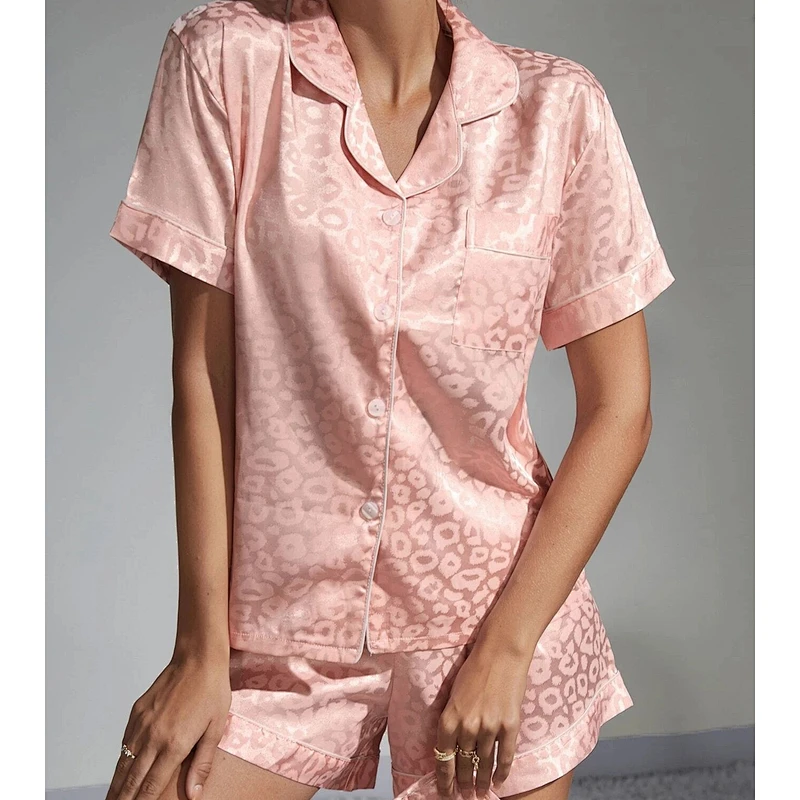 Pink Women Pijamas Leopard Loungewear Jacquard Contrast Binding PJ Set