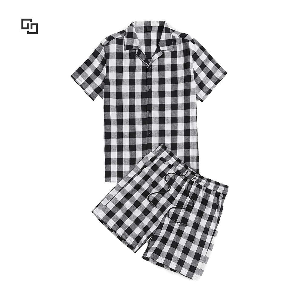 2021 Women Gingham Black And White Women's Sleepwear Pajamas Top And Drawstring Waist Shorts Lounge Wear Cotton Pijama Set