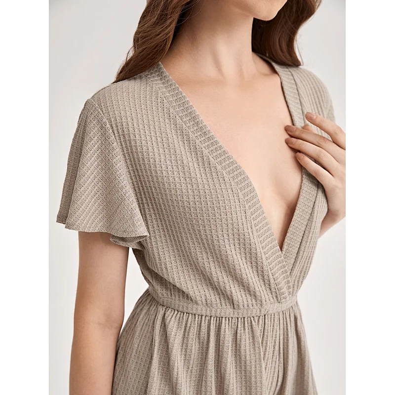3D Design Custom Adult Lounge Deep V Neck Waffle Knit Rompers Onesie for Women Pajamas
