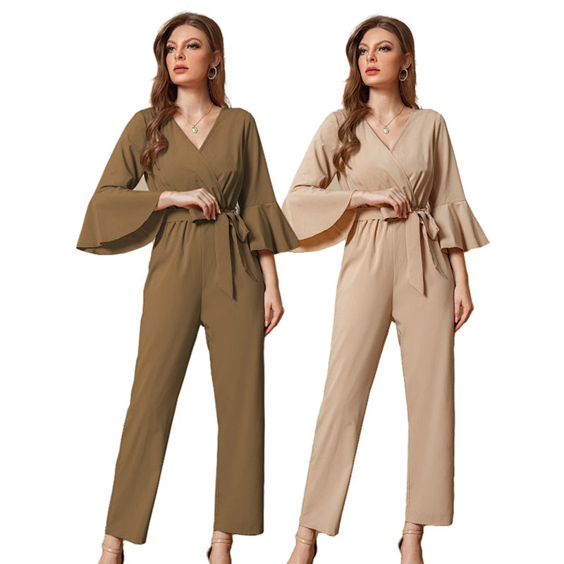 Girls Belted Flounce Sleeve Fall Elegant Romper Pyjama Femme Bamboo Onesie Women Sleepwear Adult Onesie