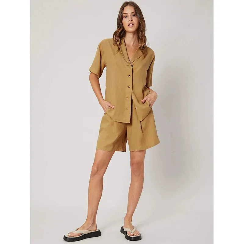 Casual Summer Linen Loungewear Straight Fit Pyjamas Blouse & Shorts Set Womens Linen Set