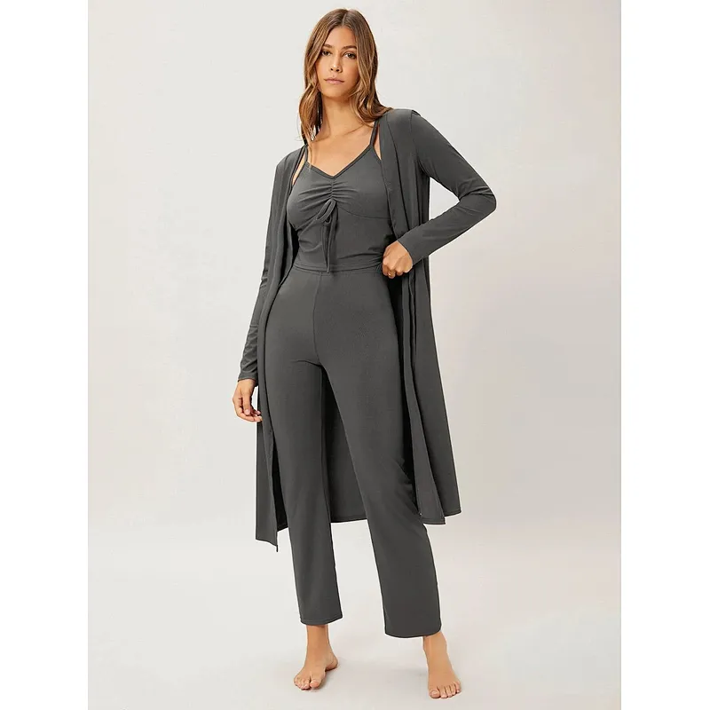 3Piece Lounge Wear Sets Women Ruched Bust Cami Top & Pants & Robe Loungewear