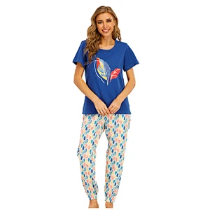 100% Cotton Short Printing Knitted Home Sleep wear Women Round-Collar OEM Popular Pyjamas Set