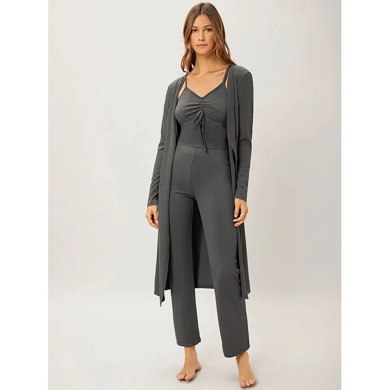 3Piece Lounge Wear Sets Women Ruched Bust Cami Top & Pants & Robe Loungewear