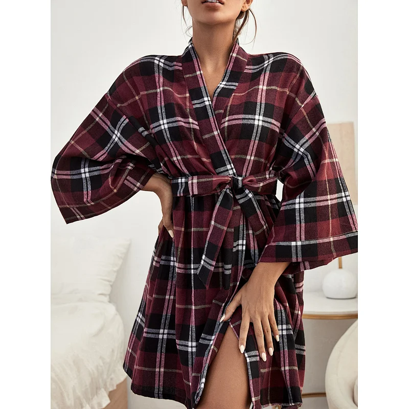 Plaid Short Knit Bamboo Woman's Robe Belt Custom Manufacture Women Luxury Cotton Bath Robe