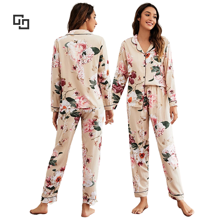Floral Lapel Collar Pajama Bamboo Jammies Set Wholesale OEM ODM Pyjamas