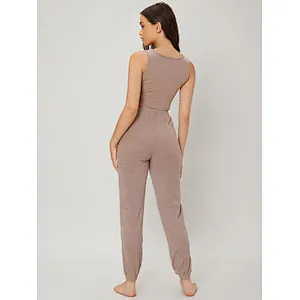 Solid Notched Comfortable Lounge Wear Two Piece Set Tank Top & Pants Women Wholesale Loungewear