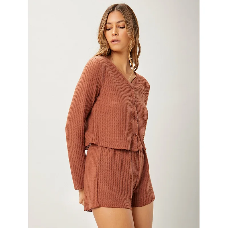 Wholesale Lounge Wear V Neck Button Front Tee & Shorts Lounge Set Women Loungewear Sets
