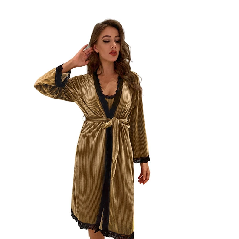 2 Pieces Lace Solid Print Sleepwear Dress Robe Chemise Sets Flannel Ribbed Custom Luxury Women Bath Robe