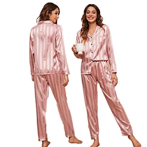 Striped Button Long Sleeve Femme Pyjamas Satin Loungewear Sets Pijama Custom Designer Silk Pjs For Women