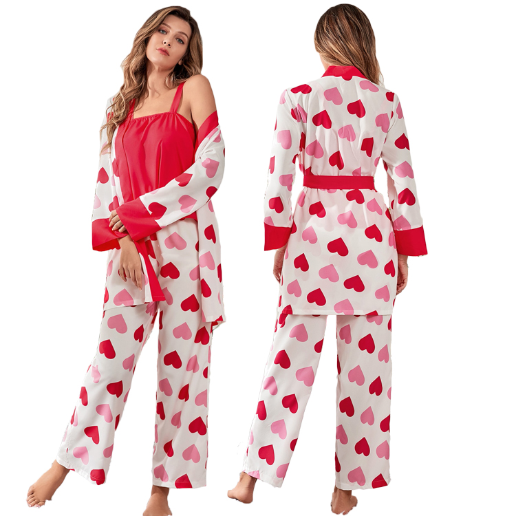 Cute Heart Print Contrast Binding Viscose from Bamboo Pajamas Custom Long Pyjamas Women Sleepwear