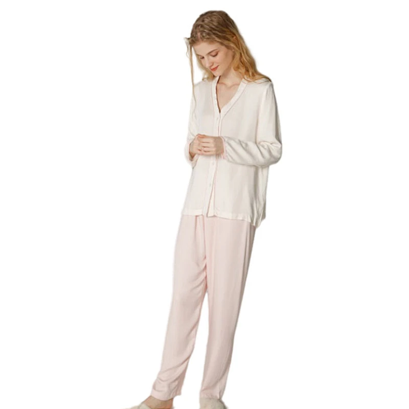Piping Contrast Full Length Cozy Lounge Wear Solid Cotton Pajama Sets Viscose from Bamboo Pyjamas