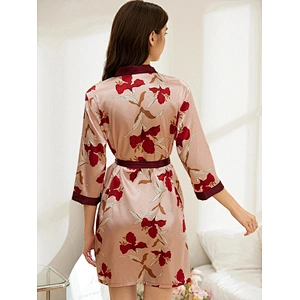2022 Femme En Floral Print Contrast Trim Belted Satin Sleep Robe