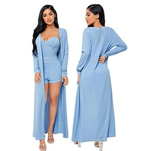 Rib-Knit Adult Onesie Top-stitching Longline Coat & Cami Romper Robe Set 2pc Pj Sets for Women