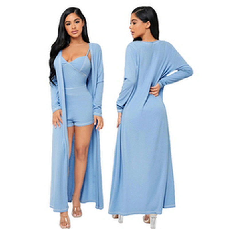 Rib-Knit Adult Onesie Top-stitching Longline Coat & Cami Romper Robe Set 2pc Pj Sets for Women