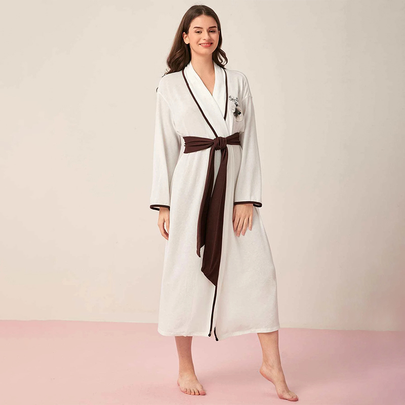 Cartoon Letter Graphic Wholesale Bathrobe Contrast Binding Belted Long Women Robes