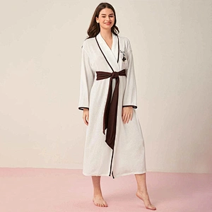 Cartoon Letter Graphic Wholesale Bathrobe Contrast Binding Belted Long Women Robes