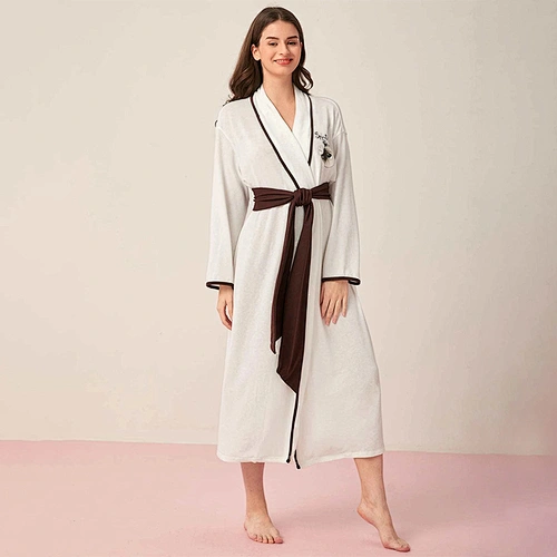 Cartoon Letter Graphic Wholesale Bathrobe Contrast Binding Belted Long Women Robes