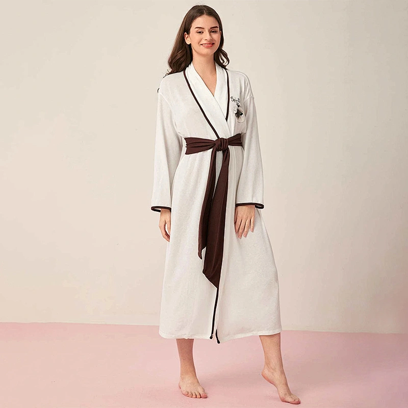 Cartoon Letter Graphic Wholesale Bathrobe Contrast Binding Belted Long Women Robes