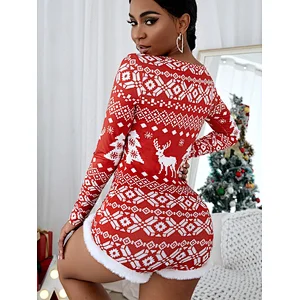 XMAS Holiday Pajamas Custom Print Fuzzy Trim Button Front Christmas Onesie