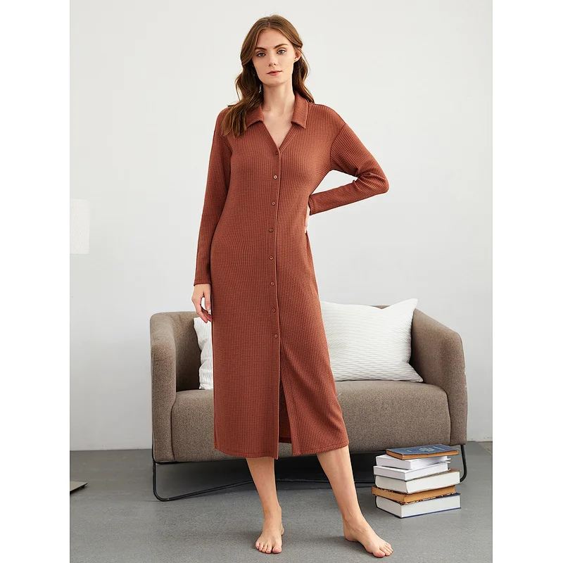 Waffle Knit Sleepshirt Long Sleeve  Button Front Womens Lounge Wear Custom Night Dress