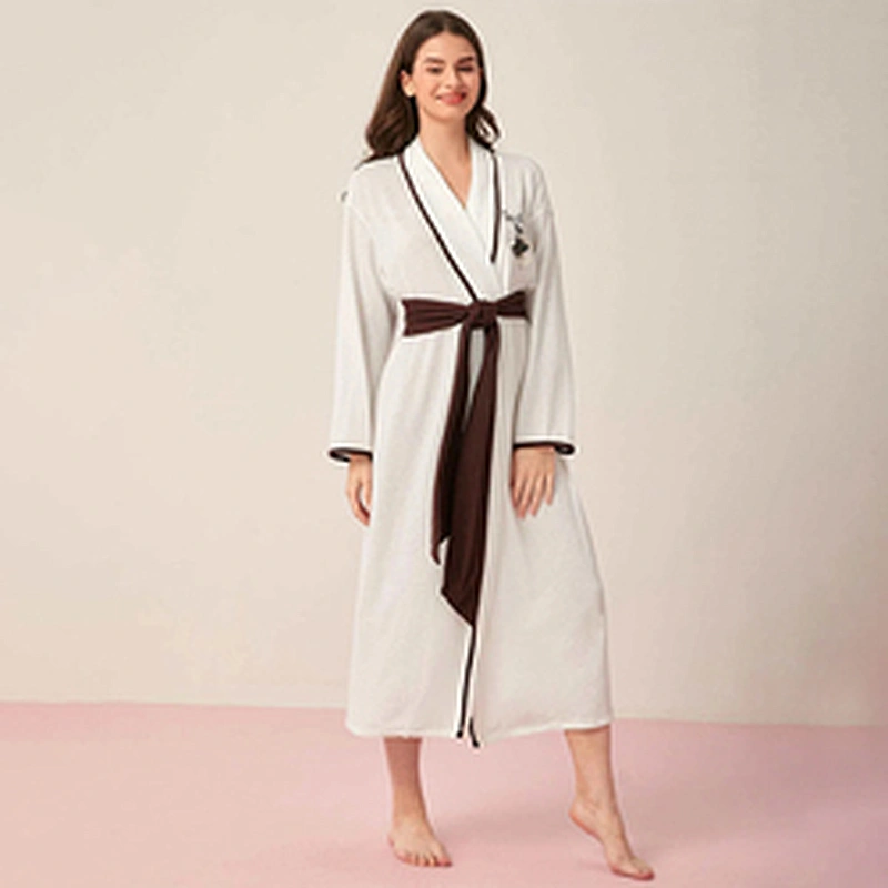 Cartoon Letter Graphic Wholesale Bathrobe Contrast Binding Belted Long Women Robes