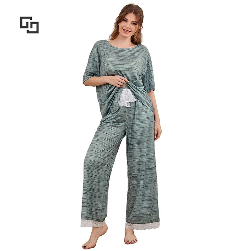 Short Sleeve Drop Shoulder Bamboo Viscose Sleepwear Set Tee & Lace Trim Pants Women Pajamas