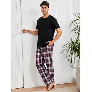 Short Sleeve Casual Cotton Pajama Plaid Slant Pocket PJ Set Mens Loungewear Set