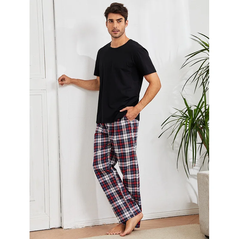 Short Sleeve Casual Cotton Pajama Plaid Slant Pocket PJ Set Mens Loungewear Set