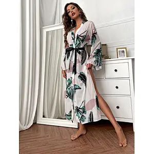 Elegant Long Sleeve Bathrobe Jungle Leaf Print Robe Femme Belted Night Robes Women